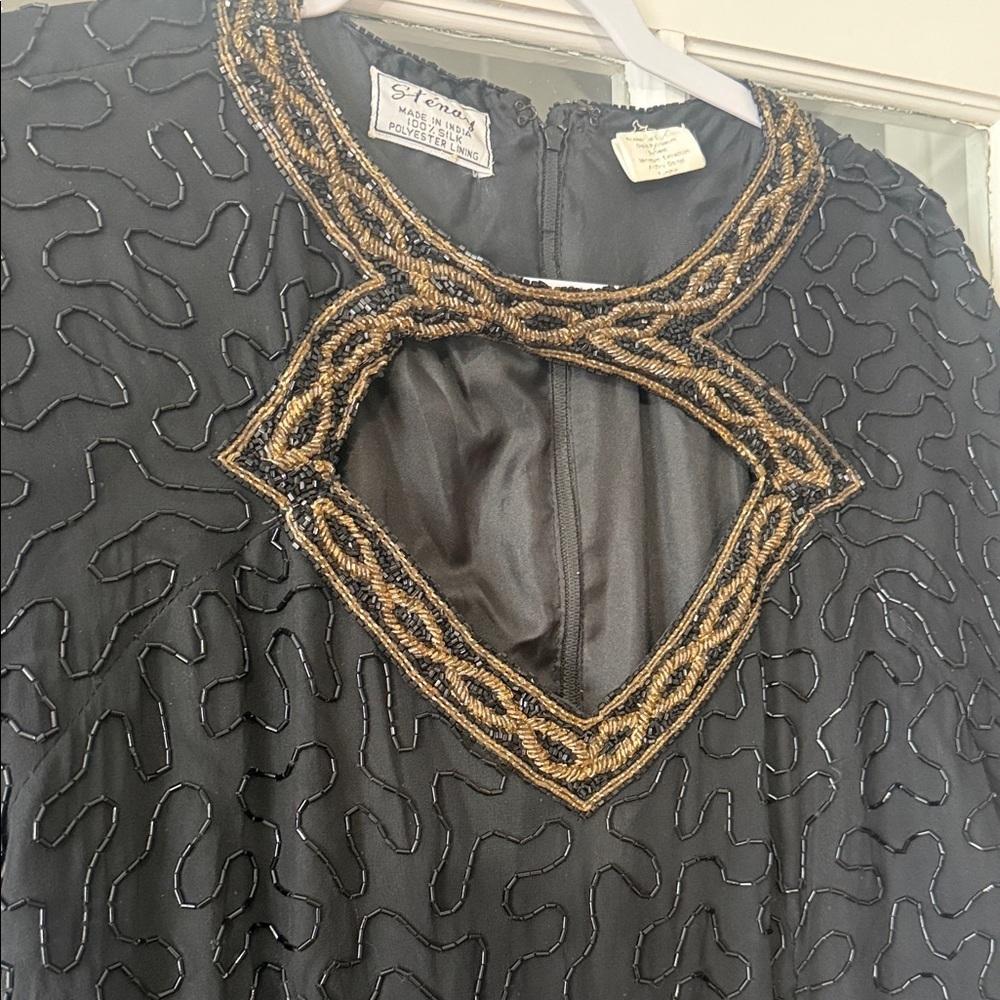 Vintage hand beaded Black Short-Sleeve swing Dress - Picture 2 of 12